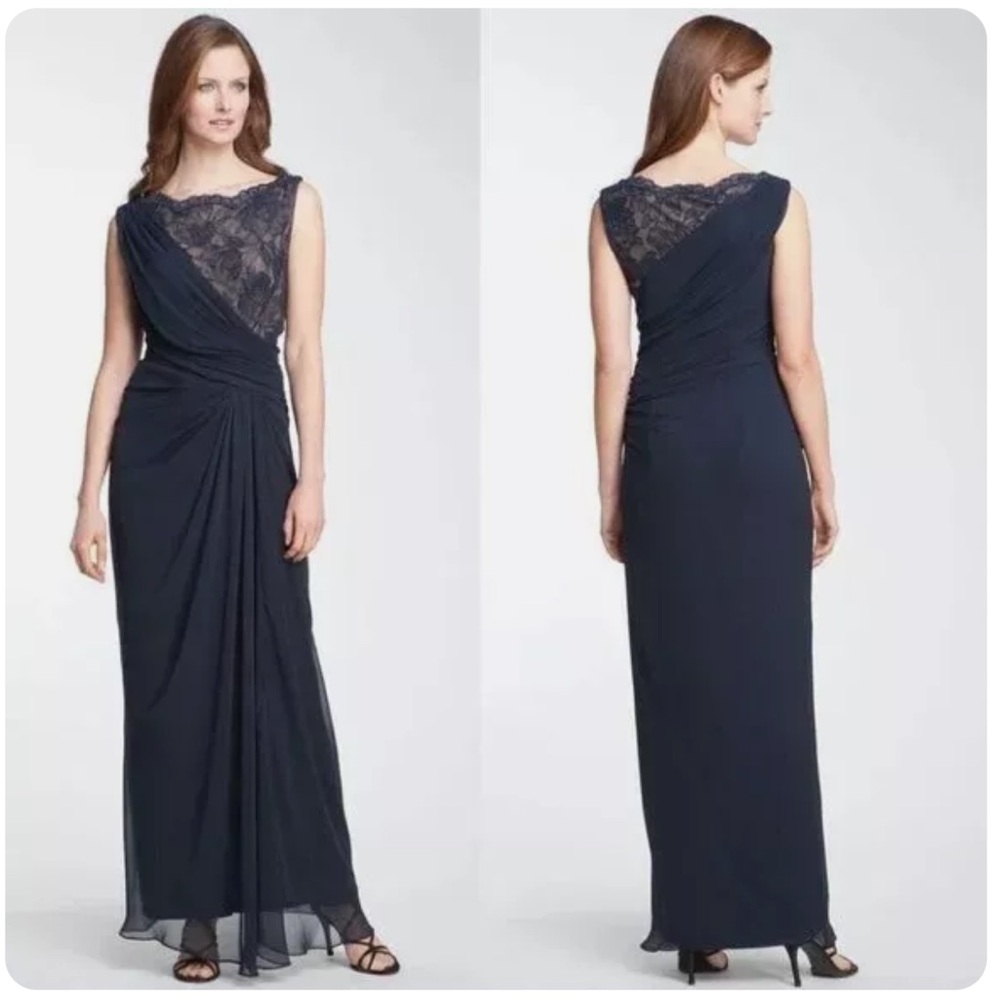 NWT Tadashi Shoji Lace Floor Length Gown Formal Evening Dress in Navy Size 6